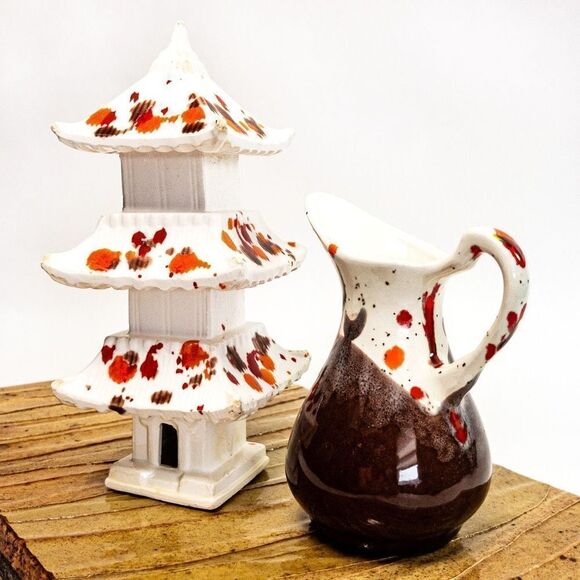 VTG Splatter Pottery 3-Tier Pagoda and Cream Pitcher/Vase - Picture 2 of 8
